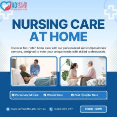 Discover the benefits of professional nursing care at home with AD Health Care in Australia. Our compassionate and expert nurses provide personalised services, including wound care, medication management, chronic disease support, and palliative care, all in the comfort of your home. Enhance quality of life with tailored, 24/7 nursing care designed to promote independence, dignity, and well-being.
