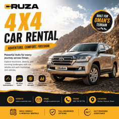 Looking for a reliable 4x4 car rental in Muscat? CRUZA Oman offers powerful and well-maintained 4x4 vehicles perfect for desert adventures, mountain drives, family road trips, and off-road exploration across Oman. Whether you're planning a trip to Jebel Akhdar, Jebel Shams, or Wahiba Sands, our 4x4 rentals provide the comfort, safety, and performance you need. Choose from flexible daily, weekly, and monthly rental plans at competitive rates and enjoy a hassle-free travel experience throughout Muscat and beyond.