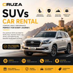 Looking for reliable SUVs car rental in Muscat? We offer a wide selection of well-maintained and powerful SUVs that are perfect for family trips, business travel, airport transfers, and long-distance journeys across Oman. Our vehicles provide spacious interiors, modern features, strong performance, and excellent comfort to ensure a smooth driving experience on all types of roads. Whether you need a vehicle for a day, a week, or long-term rental, we provide flexible and budget-friendly rental plans to suit your needs. Enjoy hassle-free booking, quick pickup, doorstep delivery in Muscat, and 24/7 customer support. Choose our SUVs car rental service for safety, comfort, and convenience on every journey.