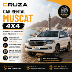 Need a dependable 4x4 car rental in Muscat? Rent a premium SUV designed for Oman’s diverse landscapes, from the city streets of Muscat to the rugged mountains of Jebel Akhdar, the golden dunes of Wahiba Sands, and scenic coastal roads. Our fleet includes modern, fully insured 4x4 vehicles that deliver exceptional comfort, safety, and off-road performance. Whether you're planning a family holiday, business trip, camping adventure, or desert safari, we offer flexible daily, weekly, and monthly rental packages at competitive rates. Enjoy hassle-free booking, airport pickup and drop-off, transparent pricing with no hidden charges, and 24/7 customer support. Book your 4x4 car rental in Muscat today and travel across Oman with confidence.