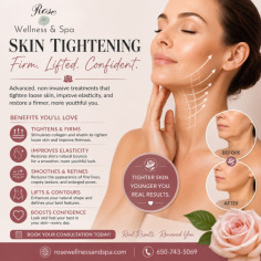 Rejuvenate your appearance with professional skin tightening treatments. Designed to improve skin firmness and elasticity, skin tightening helps reduce sagging skin, minimize fine lines and wrinkles, and stimulate collagen production for long-lasting results. This non-surgical treatment can enhance facial and body contours while promoting a smoother, younger-looking complexion. Experience firmer, healthier-looking skin with expert care from Rose Wellness & Spa.